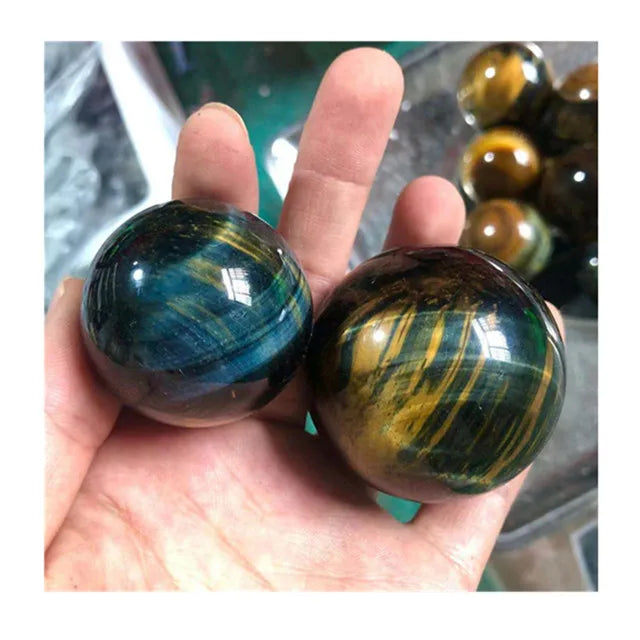 Natural Blue Tiger Eye Ball Stone Crafts Feng Shui Style Carved Semi-Precious Stones for Home Decor Cross and Animal Motif