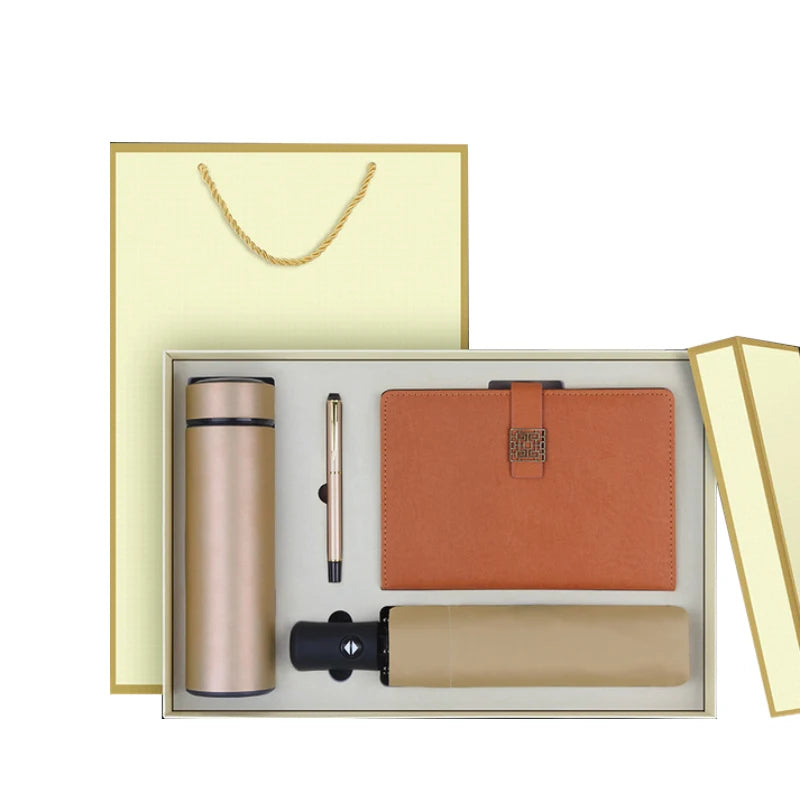2025  Wholesale New Trendy Custom Vacuum Insulation Cups with Automatic Umbrella Leather Notebook and Pen Gift Set for Business