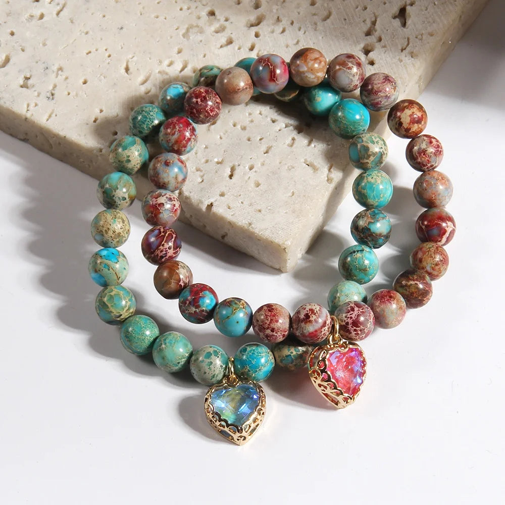Fashion Bohemian Handmade Women Jewelry 8mm Multi-colored Agalmatolite Beaded Bracelet Glass Heart Charm Bracelet for Women Gift
