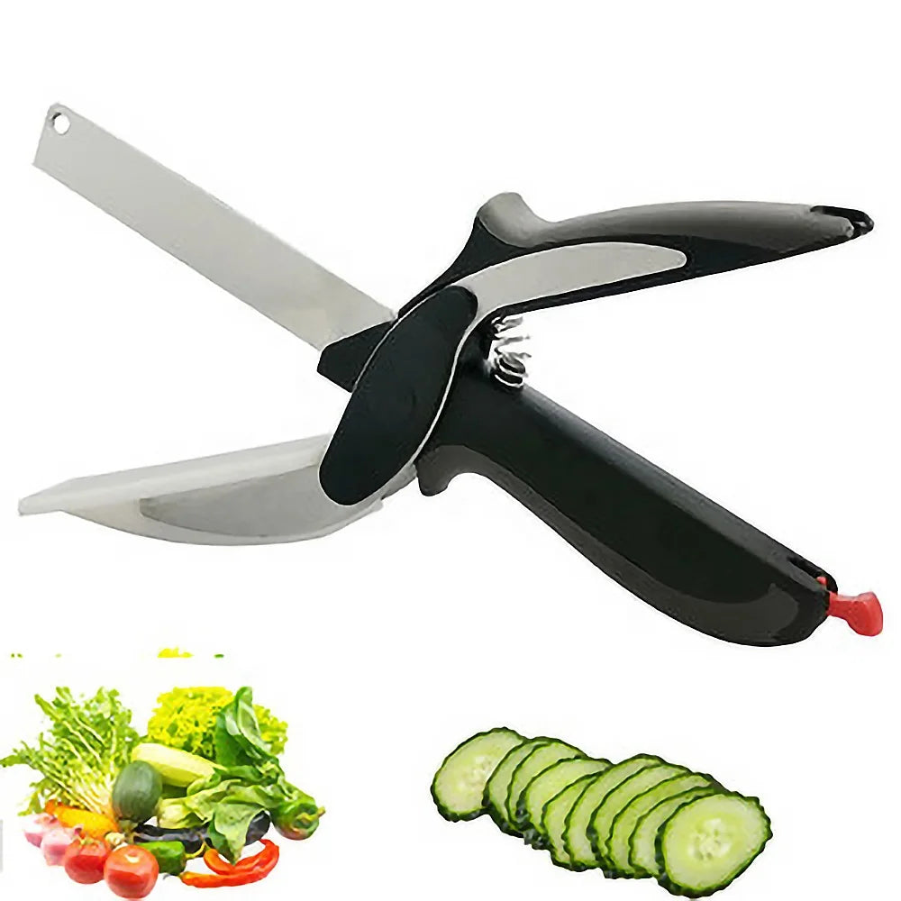 Multi-Function Stainless Steel Kitchen Tool Detachable Knife and Scissors Clever Cooking Gadget with Plastic Handle