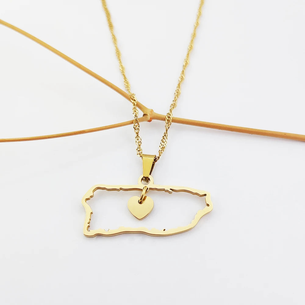 PuertoRico Map Necklace Custom Outline Necklace Heart Joyeria De Oro Laminado PuertoRico Necklace Productos Novedosos
