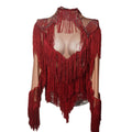 Sexy Red Tassel Bodycon One Piece Bodysuits Women Party Pole Dance Leotard Festival Outfit Dancer Costumes Drag Show Jumpsuits