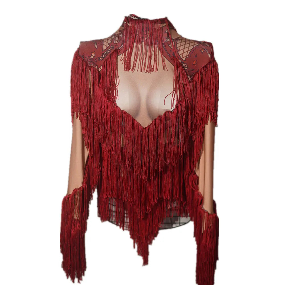 Sexy Red Tassel Bodycon One Piece Bodysuits Women Party Pole Dance Leotard Festival Outfit Dancer Costumes Drag Show Jumpsuits