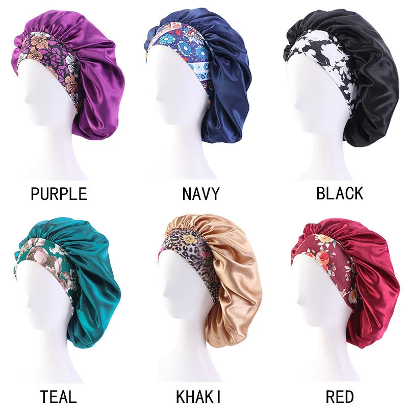 Large Size Nightcap Women Sleep Cap Boho Print Floral Flower Elastic Wide Edge Band Satin Hair Bonnet Hat