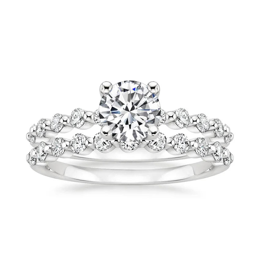 Women's 18K Gold and Rhodium Plated 925 Silver Engagement Bridal Ring Set 2mm Band Round Cut 6.5MM 1CT for Weddings and Parties