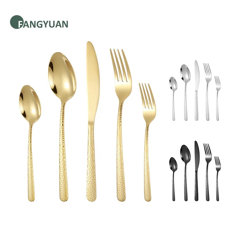 FANGYUAN Unique Hammered Handle Restaurant Wedding Silverware Stainless Steel Black Gold Spoon Fork Cutlery Set