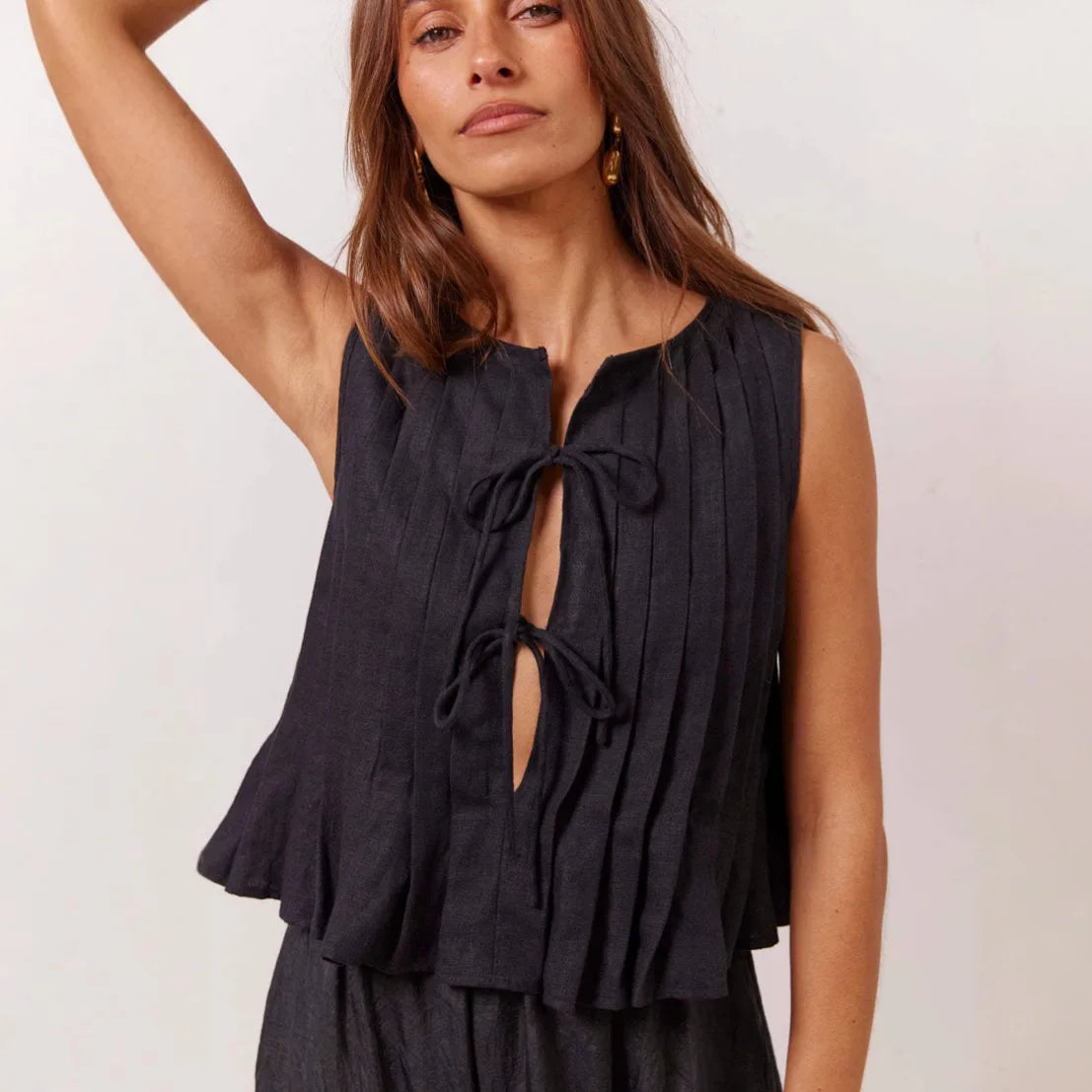 Enyami Woman Pleated Lace-up Cotton Linen Elegant Straight Long New Chic Top Vacation Beach Outfits Summer Sleeveless Shirt