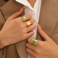 Newest 18K Gold Plated Stainless Steel Turquoise Ring Wide With Natural Stone Adjustable Open Rings Daily for Women