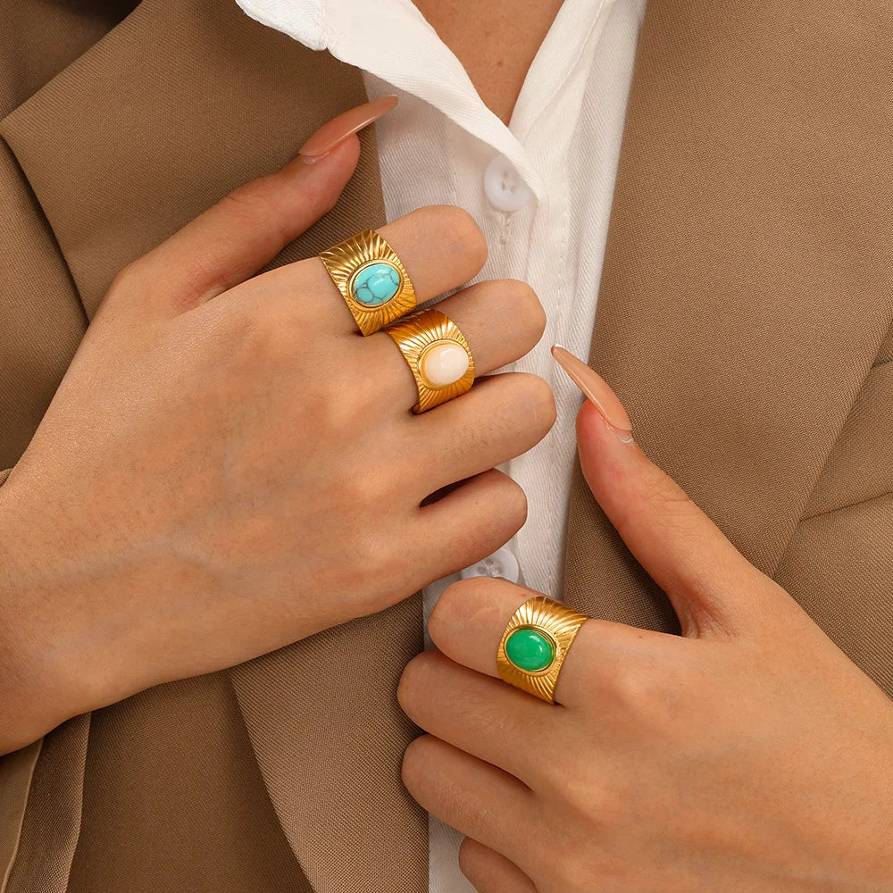 Newest 18K Gold Plated Stainless Steel Turquoise Ring Wide With Natural Stone Adjustable Open Rings Daily for Women