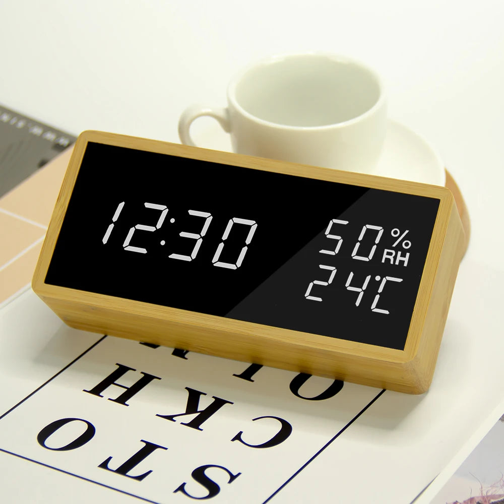 Portable Home Decor Table Desktop Wood Indoor Thermometer Electronic Hygrometer Wooden Digital LED Desk Alarm Clock for Bedstand
