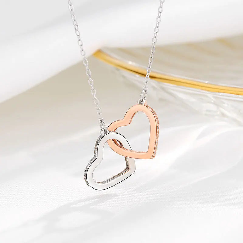 High Quality Double Color Rose Gold Double Heart Necklace Women's Heart Clasping Stainless Steel Zircon Pendant Necklace