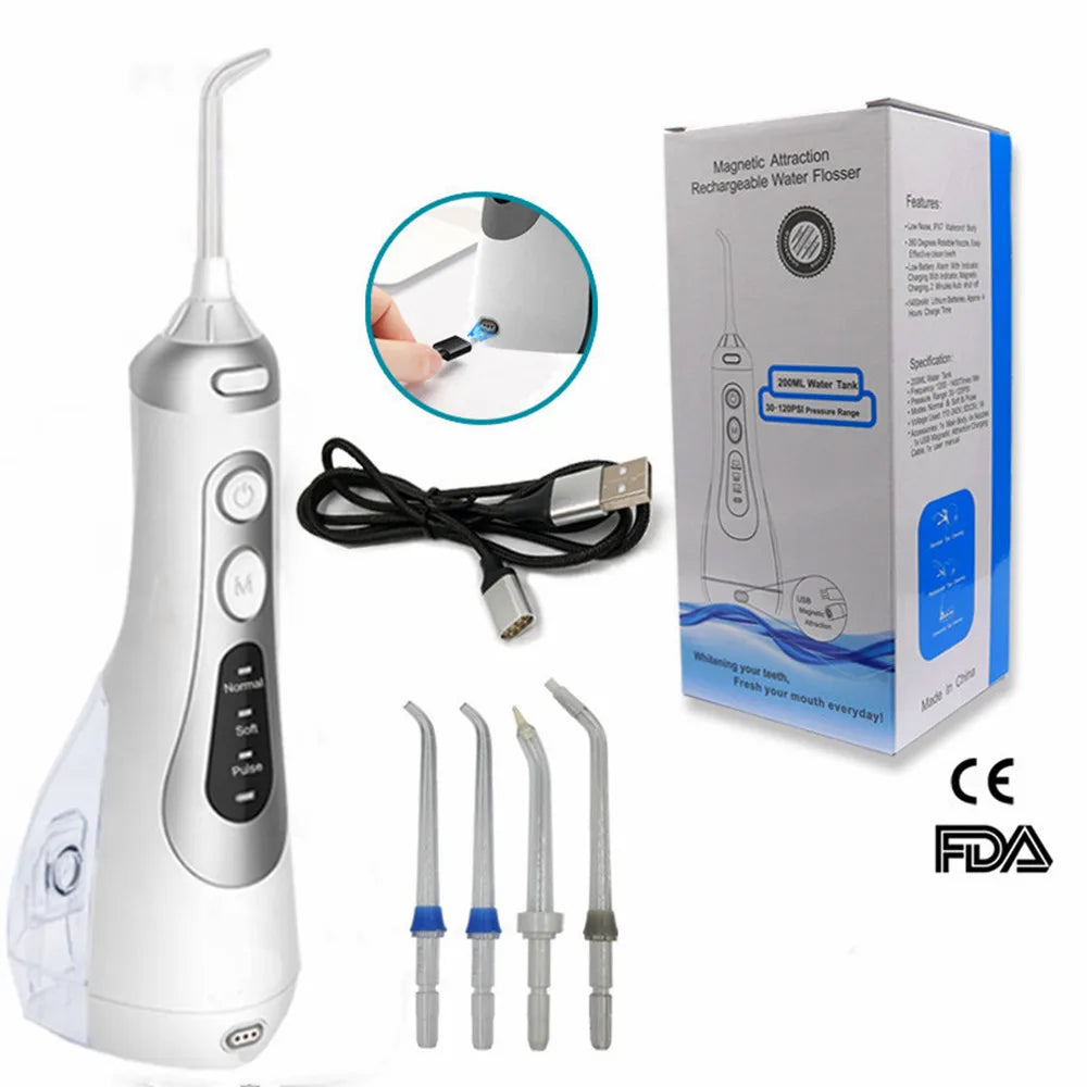 Bycare Dentist Recommended Oral Floss Irrigator Waterflosser Airfloss 4-Jet Tips IPX7 70-120 psi 200ml Tank 110-240V Blue Adults