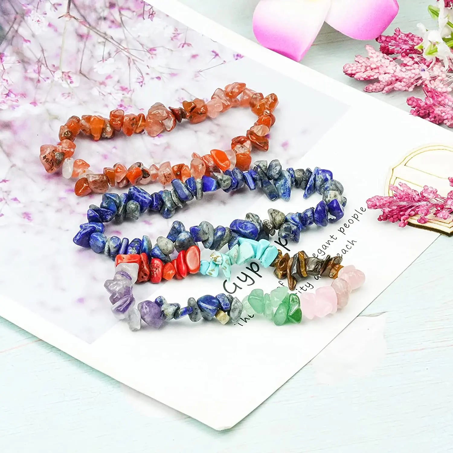 3~8MM Chip Natural Raw Stone Bracelet Beads Tumbled Quartz Crystal Stretch Beaded Chakra Yoga Bangled for Women Men