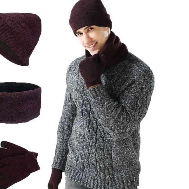 2025 Winter Knit Jacquard Beanie Hat Neck Warmer Scarf and Touch Screen Gloves Set 3 Pcs Fleece Lined Skull Cap Men Women