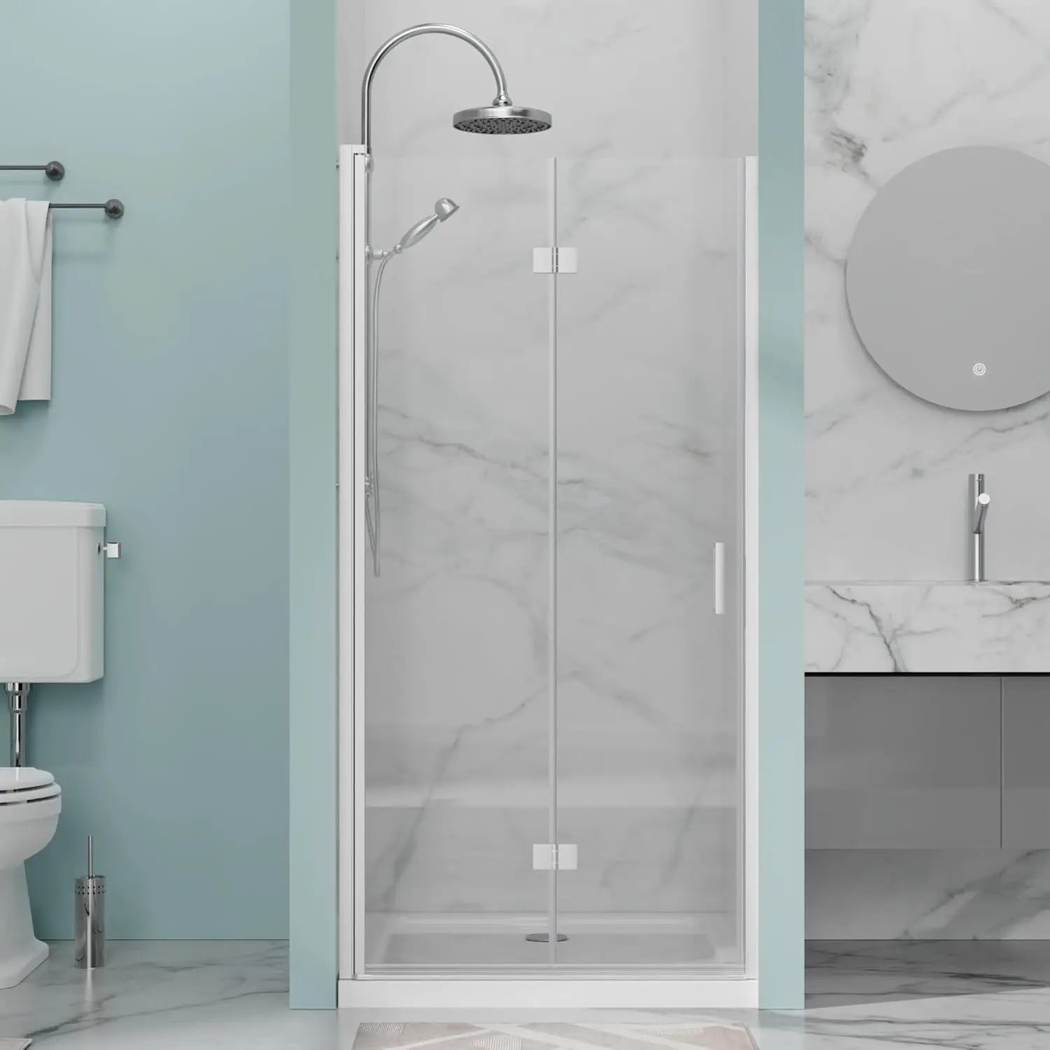 34 In.W*72 .H Bifold Frameless Glass Shower Door 1/4 Tempered Pivot Swing Panel In Chrome Finish Foldable