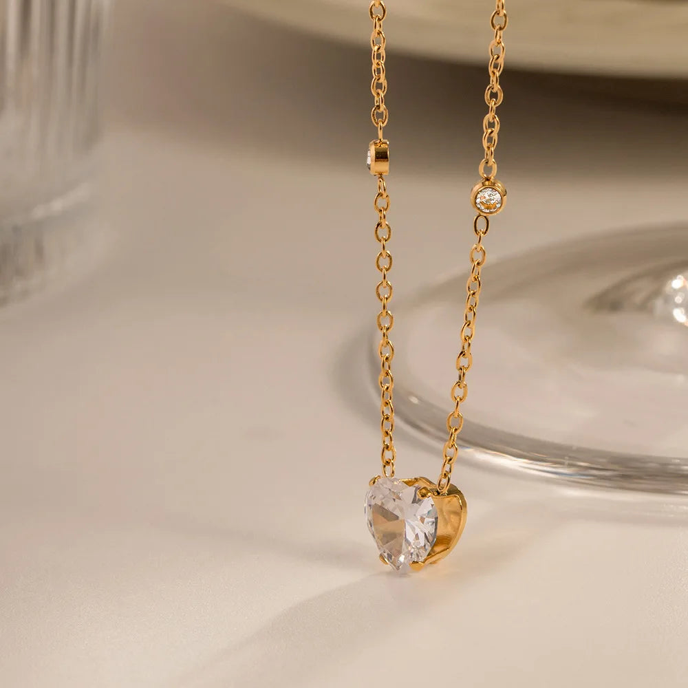 Dainty Gold Heart Necklace for Women Sparkling Cubic Zirconia Pendant Tarnish-Free Stainless Steel Everyday Chain Jewelry
