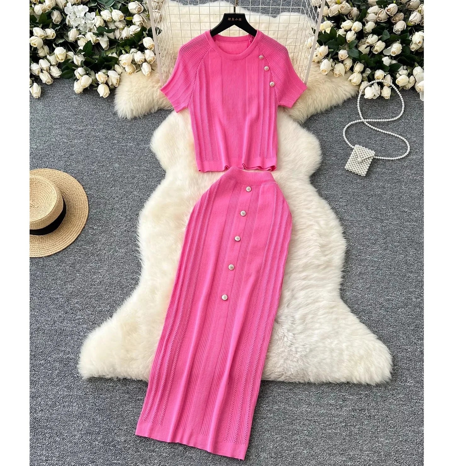Wholesale Women Clothing Two Piece Knitted Short Sleeve Top and Skirt Set for Ladies