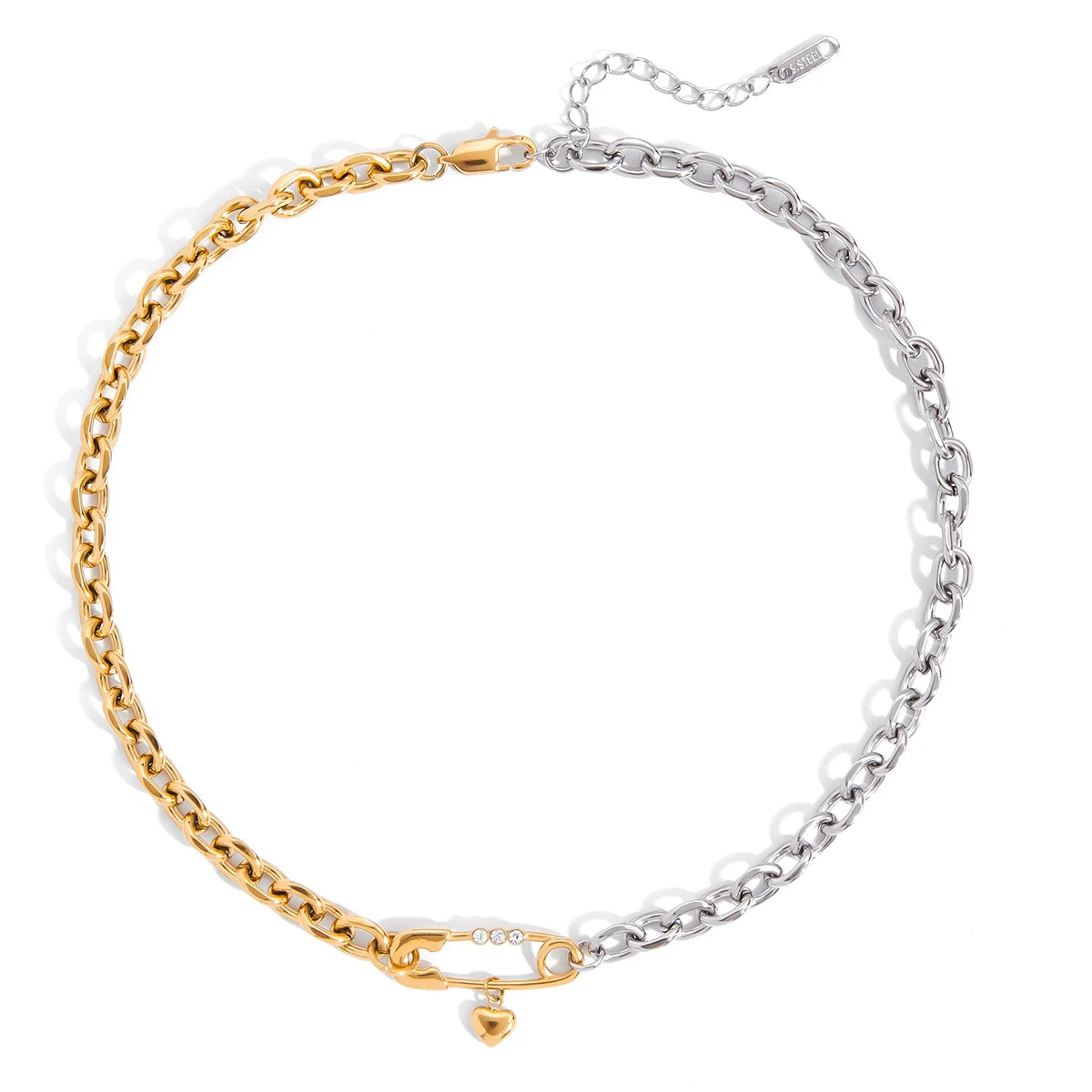 J&D 18K Gold Plate Stainless Steel Chain Trendy Two Tone Zircon Heart Link Chain Paper Clip Necklace