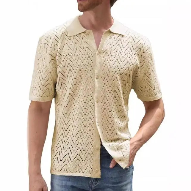 European and American Fashion Men's Casual Knitted Shirt Summer New Hollow Out Breathable and Cool Short Sleeved Cardigan Tops