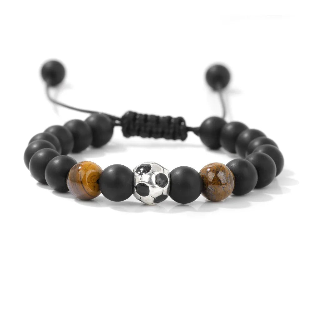 Hot Selling Unisex 10mm Tiger Eye Onyx Stone Beaded Bracelet Handmade Weave Ball Pattern Inspired Soccer World Cup Trendy