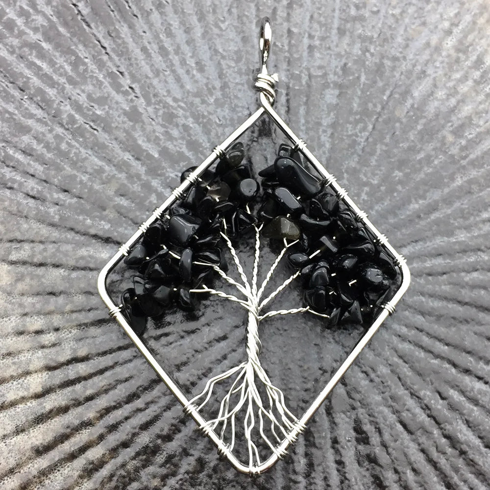 HZ Factory Directly Wholesale Natural Black Obsidian Chips Tree of Life Necklace Pendant Palm Healing Crystals Jewelry