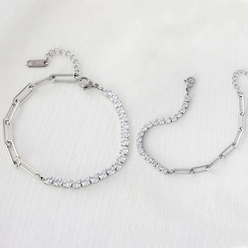 Personalized Stainless Steel Fashion Paperclip Bracelet with Adjustable Ins Zircon Girl's Party Gift Stylish Bangles