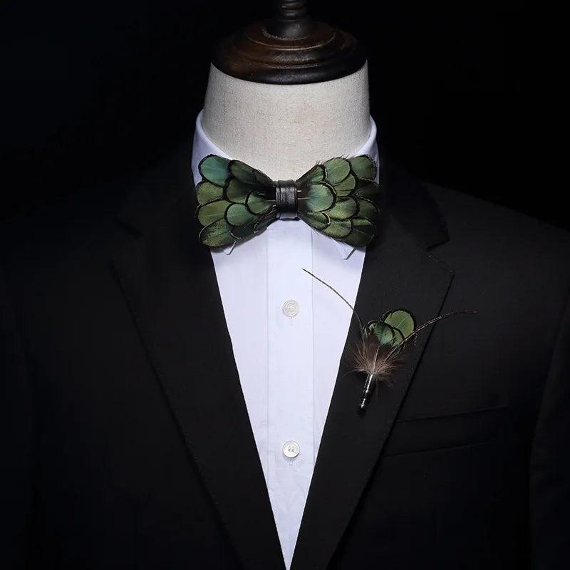 Pure Handmade Custom Fashion Feather Bow Tie Green Flash High-end Extravagance Wedding Banquet Feather Bow Tie