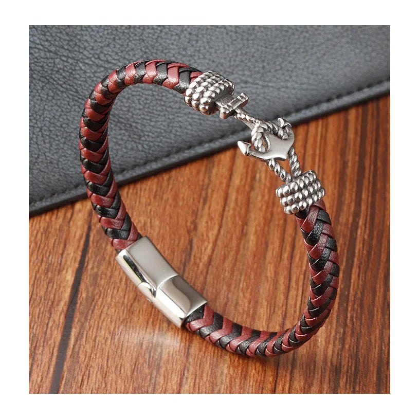 Custom Engraved Stainless Steel Anchor Braided Red Real Leather Bracelet Adjustable High Finish Metal Clasp Leather Bracelet