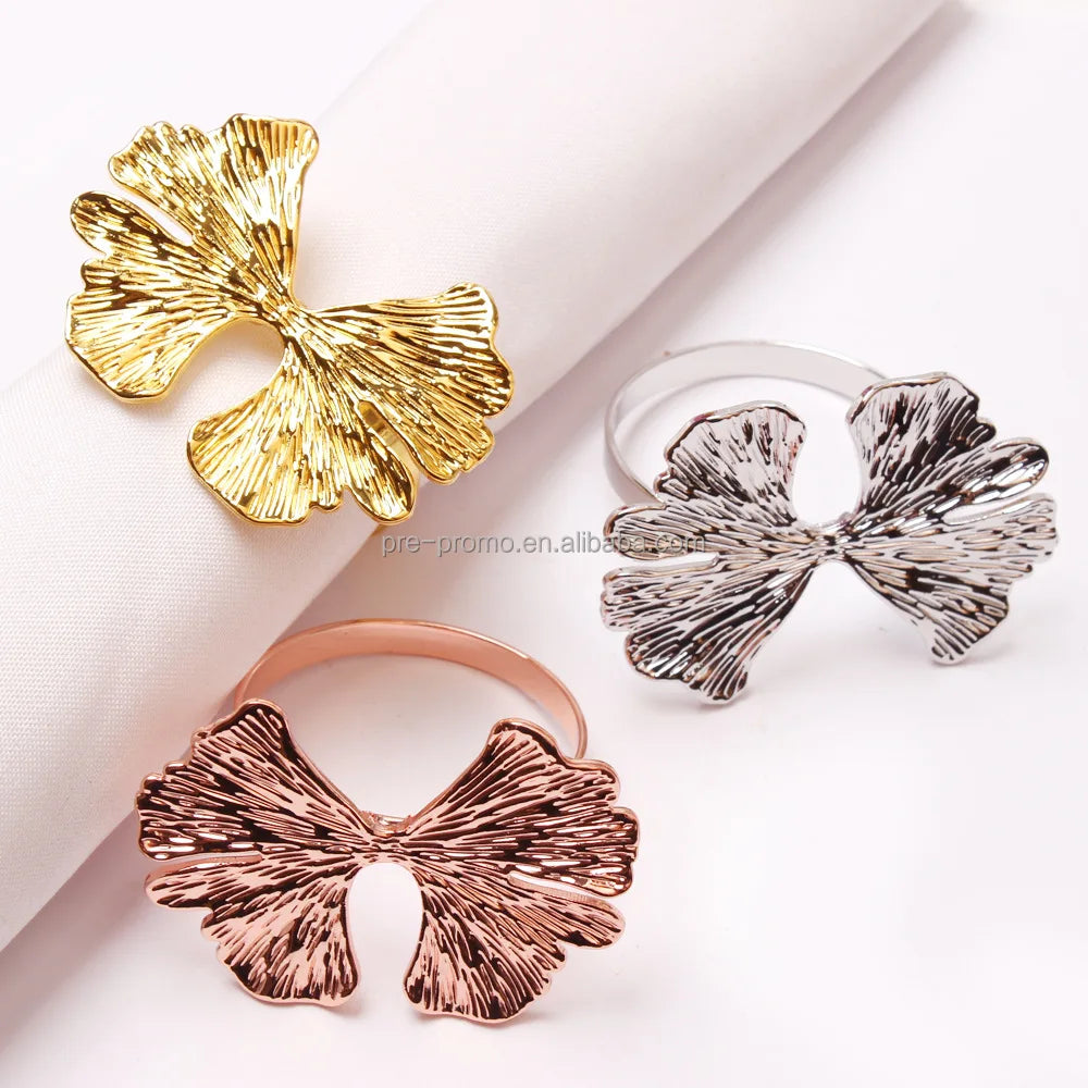 Wholesale Metal Rose Gold Silver Gold Plated Gingko Leaf Napkin Ring for Wedding Favors