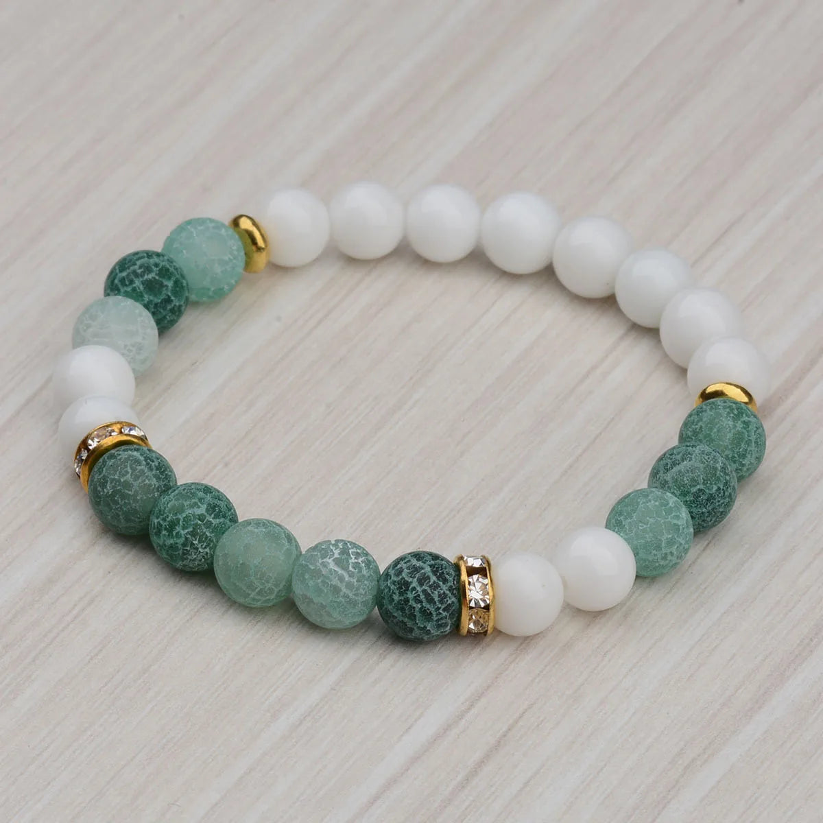 8mm Matte Fire Agate White Porcelain Beads Personalized Gold Rhinestone Spacer Accessory Simple Bracelet