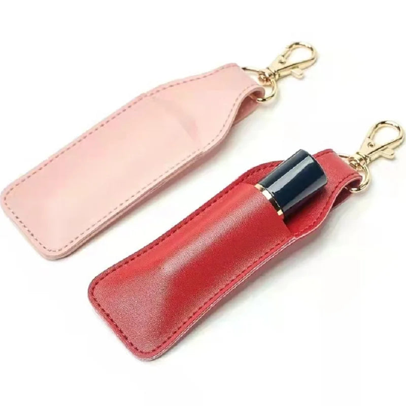 Hot Sales Lipstick Holder Keychain  Custom PU Leather Lipstick Pouch Bag  Lip Balm Cover Travel Accessories