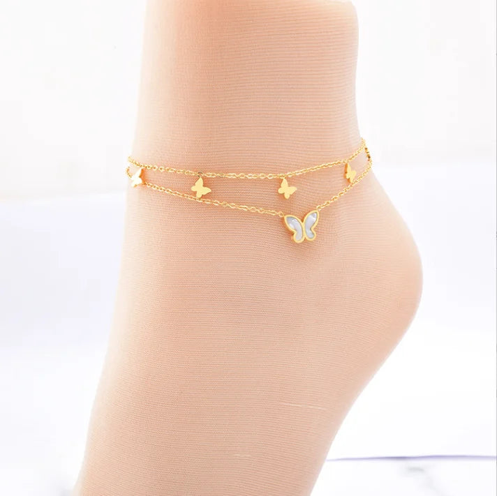 Fashion Fine Double butterfly Shell Plating 18k Gold Stainless Steel Anklets for Women Girls Jewelry