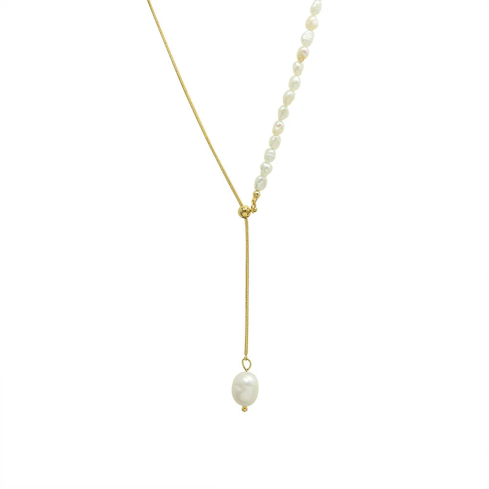 Simple Stainless Steel 18K Gold Plated Pullable Freshwater Pearl Chain Necklace Irregular Pearl Pendant Y Shaped Choker Necklace