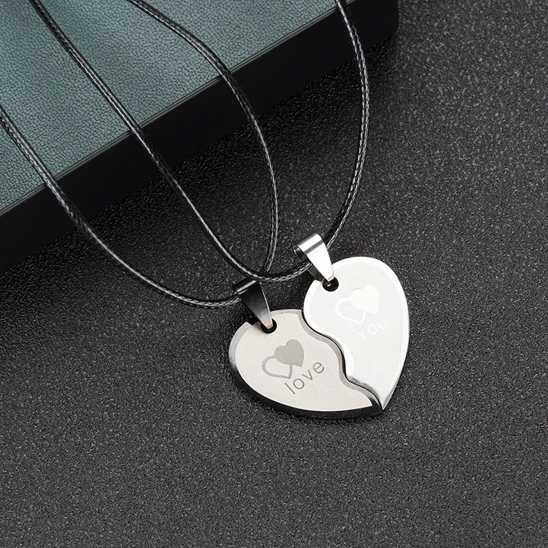 Fashion Couple Pendant Jewelry Valentine's Day Memorial Gift Stainless Steel Heart Necklace Set