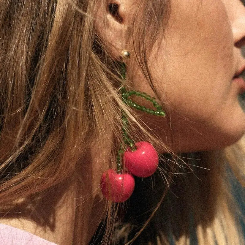 KAIMEI 2025 New Arrival Fashion Jewelry Fresh Cute Handmade Beaded Cherry Earrings Sweet Literary Handmade Crystal Fruit Earring