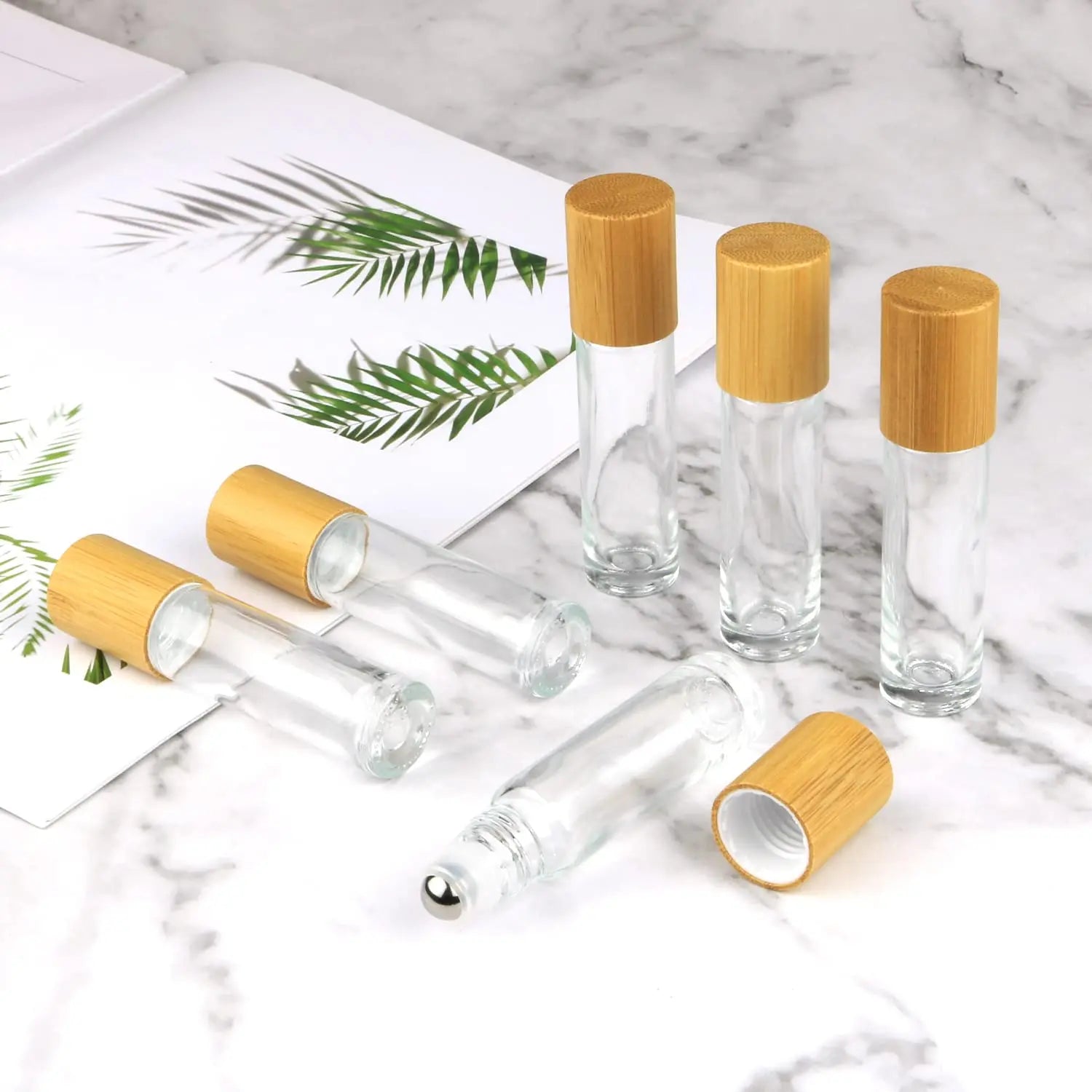 Luxury 10ml Clear Glass Roller Bottle Bamboo Lid Frosted Finish Screen Printed for Essential Oil Serum Skin Care Cream Mascara