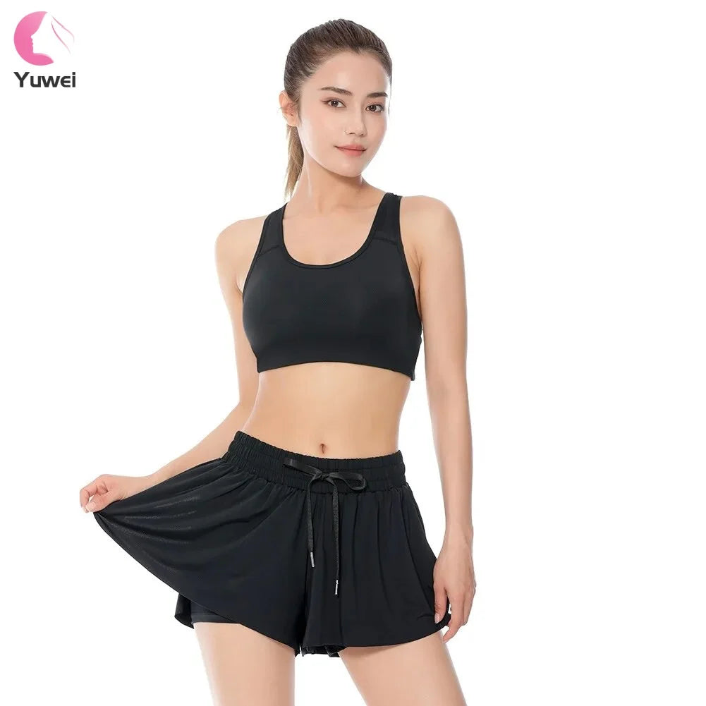 2 Piece Women's Athletic Tennis Skirt Set with Shorts and Pockets Flowy Yoga Wear