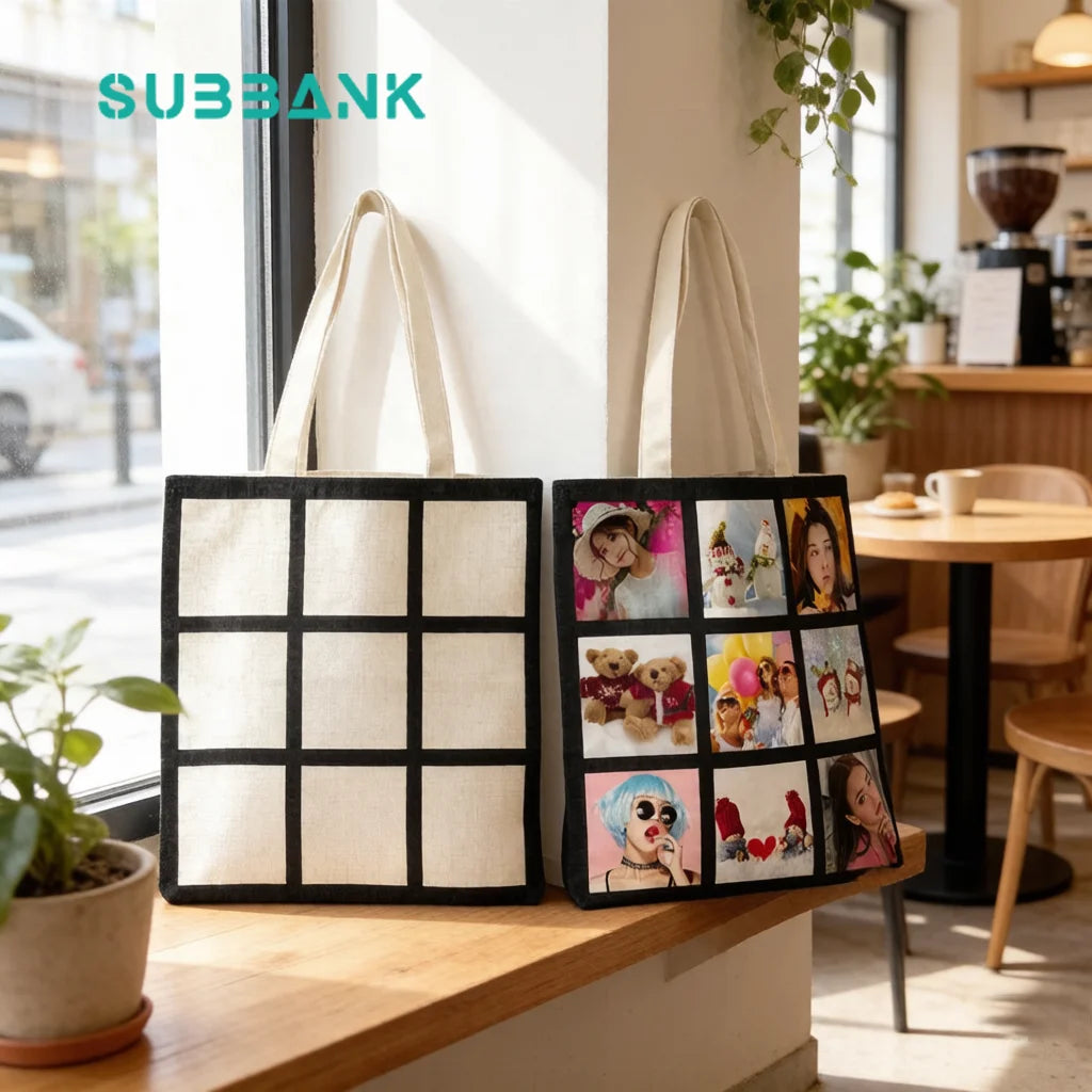 Subbank Wholesale 9 Panel Sublimation Tote Bags Blank White Cotton Linen Tote Bag for Heat Press DIY Printing & Gift Packaging
