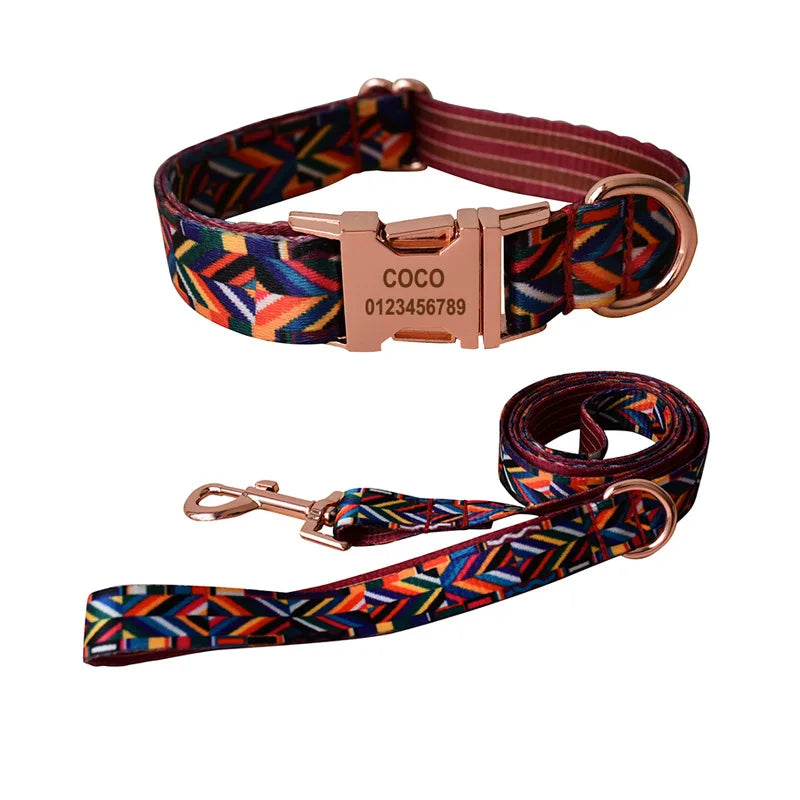 Geometry Pattern Classic DIY Name Dog Collar&Leash Set for Small Dogs Soft Comfy Pet Collar for Puppy Small Medium Large Dogs