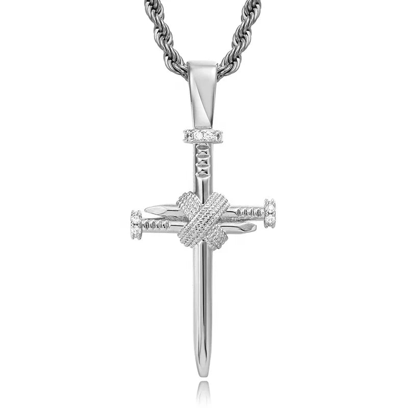 Hot Selling Micro-Set Zircon Nail-Shaped Cross Pendant Trendy Stainless Steel Hip Hop Necklace with Gold Plating for Men Women