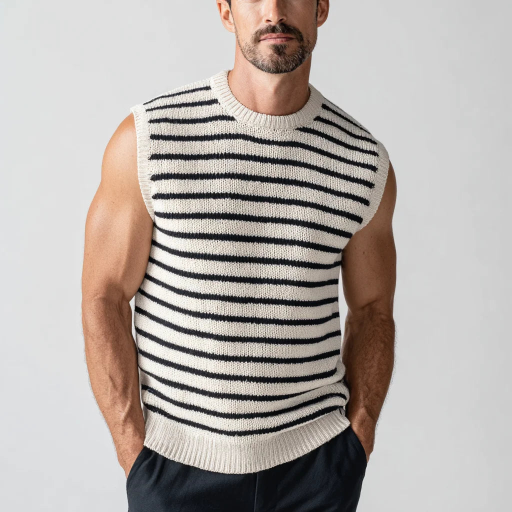Men's Cotton Crew-Neck Striped Tank Sweater Vest Winter Layering with Summer Style Knitted Cotton Sleek Summer Look