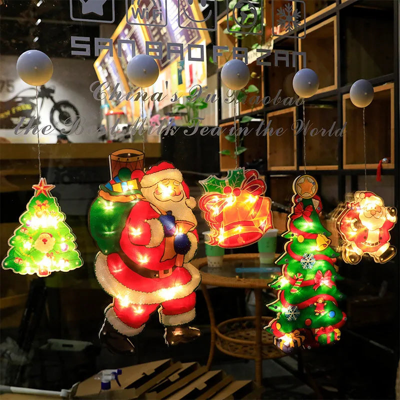 Christmas Window Decorations Lighted Christmas Snowman Bell Star Shaped LED Sucker Lamp for Xmas