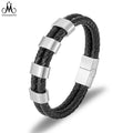 Vintage Man Jewelry Double Layers Man Braided Real Leather Bracelet Stainless Steel Leather Cuff Bracelet for Men