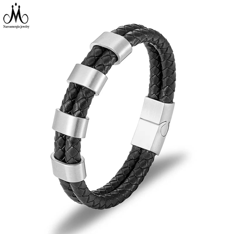 Vintage Man Jewelry Double Layers Man Braided Real Leather Bracelet Stainless Steel Leather Cuff Bracelet for Men