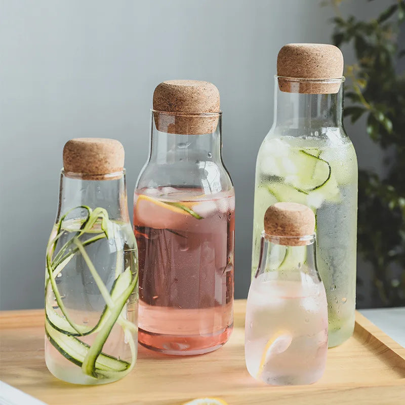 High Borosilicate Glass Water Bottle With Wooden Cork  Lid for Milk Coffee Juice 150ml 300ml 600ml