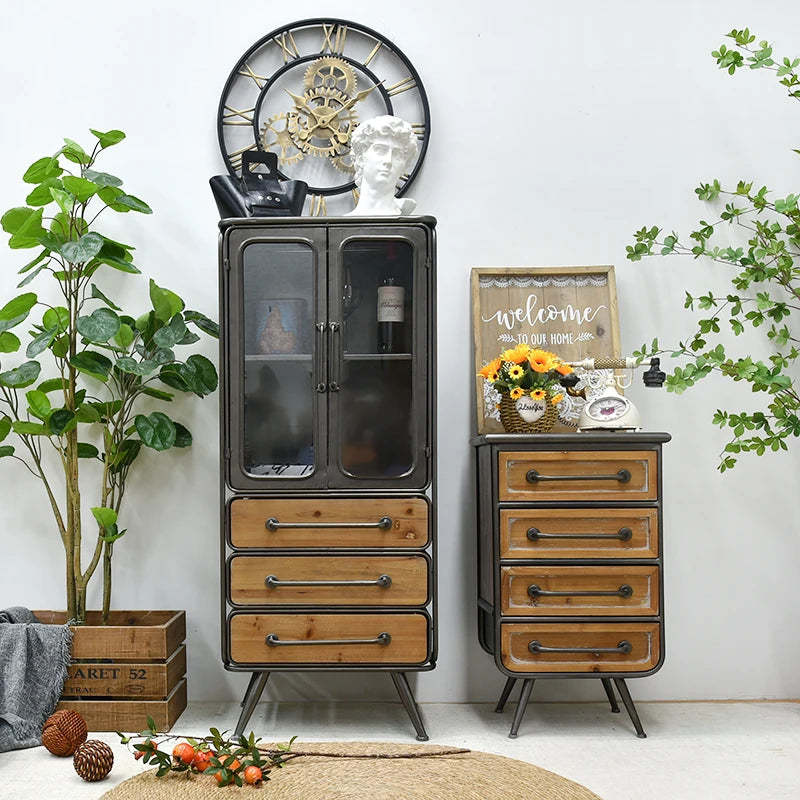 Rustic Eco-Friendly American Farmhouse Style Antique Tall Wooden Furniture Decor Living Room Storage Cabinets with Doors Drawer