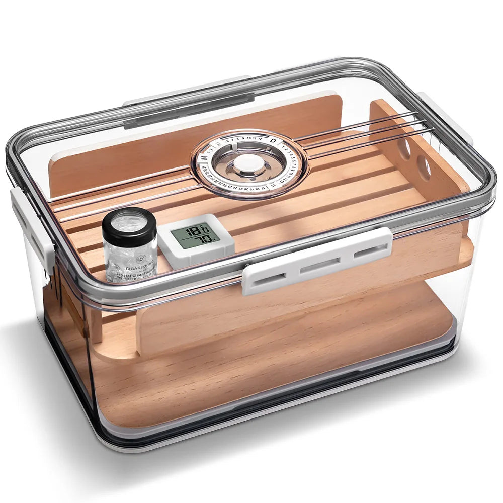 Cigarloong Large Capacity PP Material Transparent Cigar Humidor Box With Hygrometer and Humidifying Jar