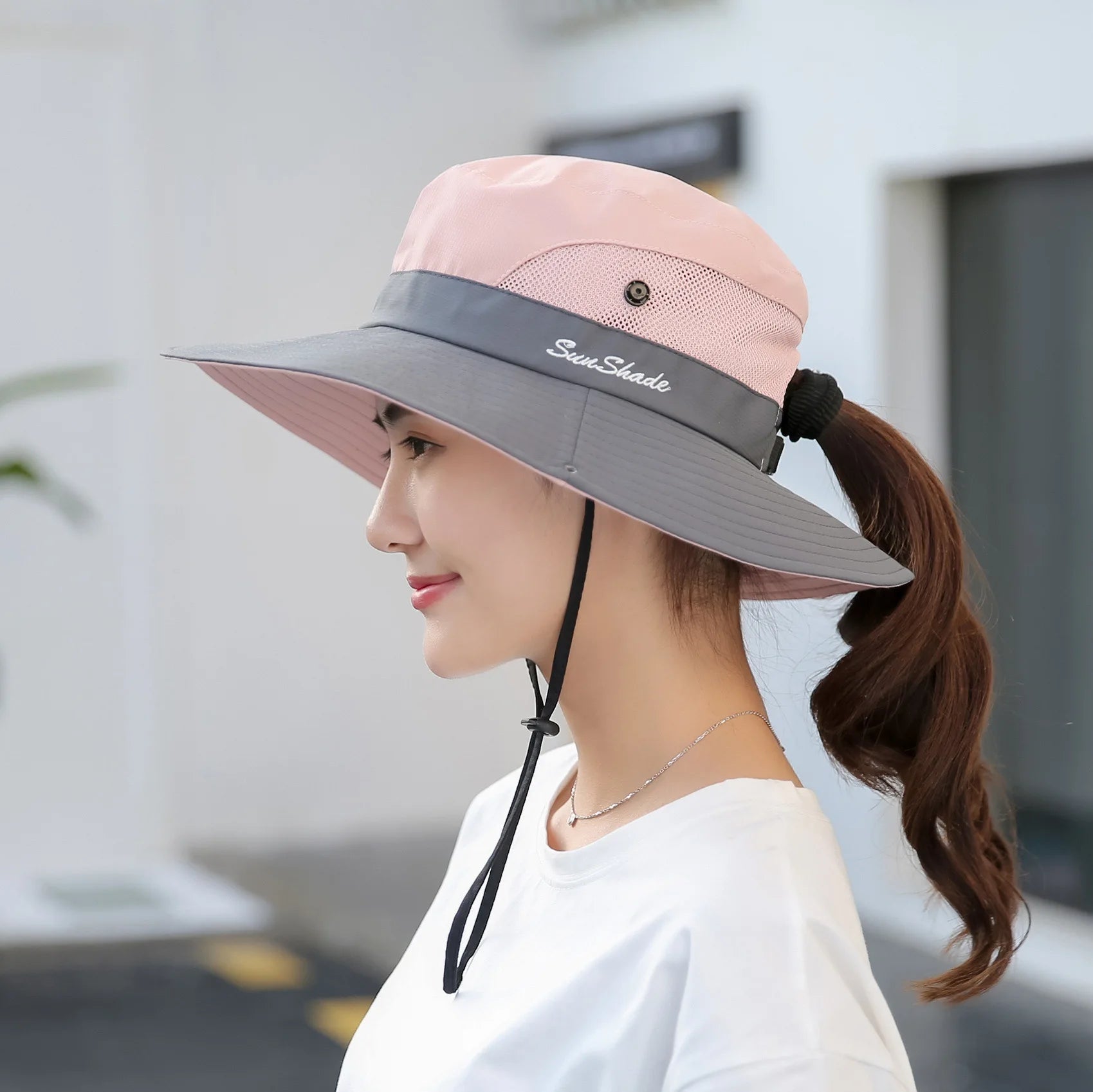 Women Kids Outdoor Beach Sun Boonie Hat Foldable Breathable Mesh Wide Brim Bucket Hats UV Sun Protection Ponytail Fishing Hat