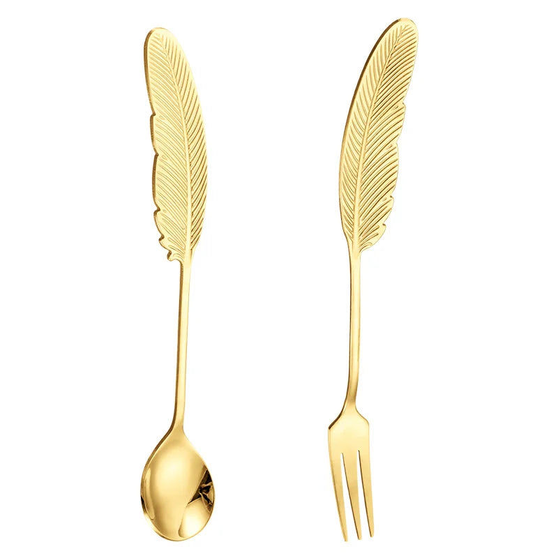 New Arrival Creative 18/10 Stainless Steel Plume Coffee Spoon and Tea Spoon Fruit Cake Dessert Fork Durable Metal Utensil Set