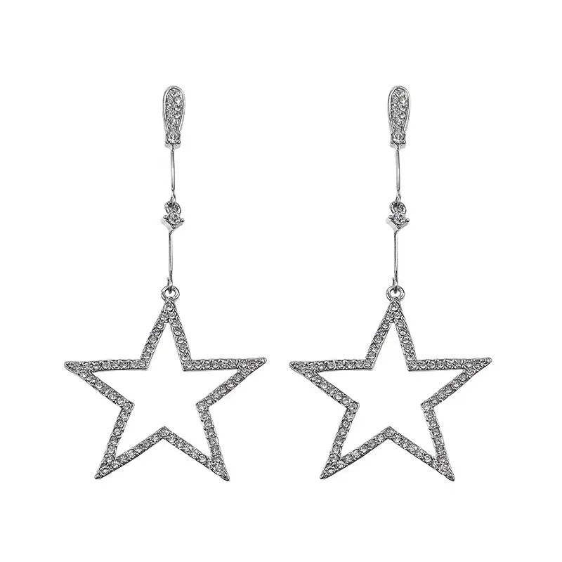 New Shiny Crystal Five-Pointed Star Long Star Pendant Exaggerated Big Drop Earrings with Wild Personality Fashionable Stylish